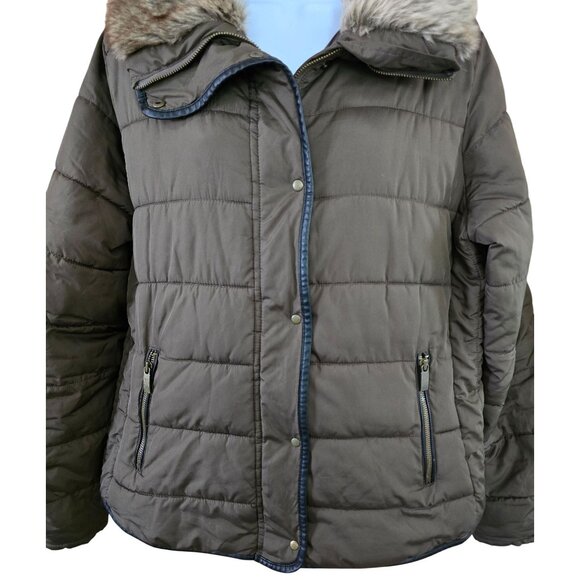 Old Navy Womens Faux Fur Collar Puffer Jacket Brown boho cottagecore warm soft - Picture 3 of 7